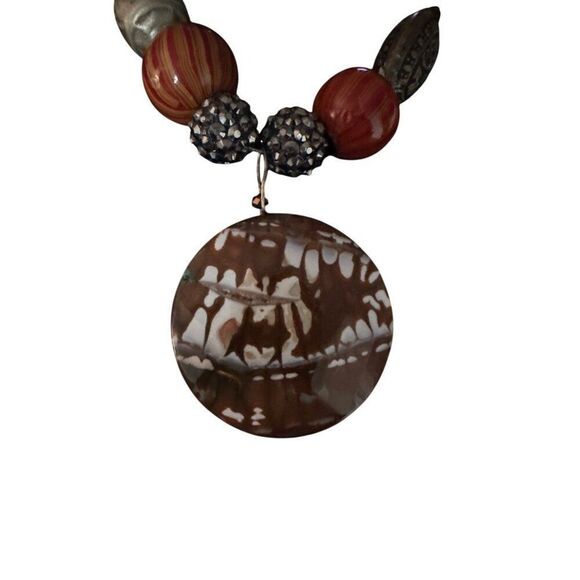 Boho Handcrafted Multicolor Beaded Necklace With Statement Brown & White Pendant - Picture 2 of 5